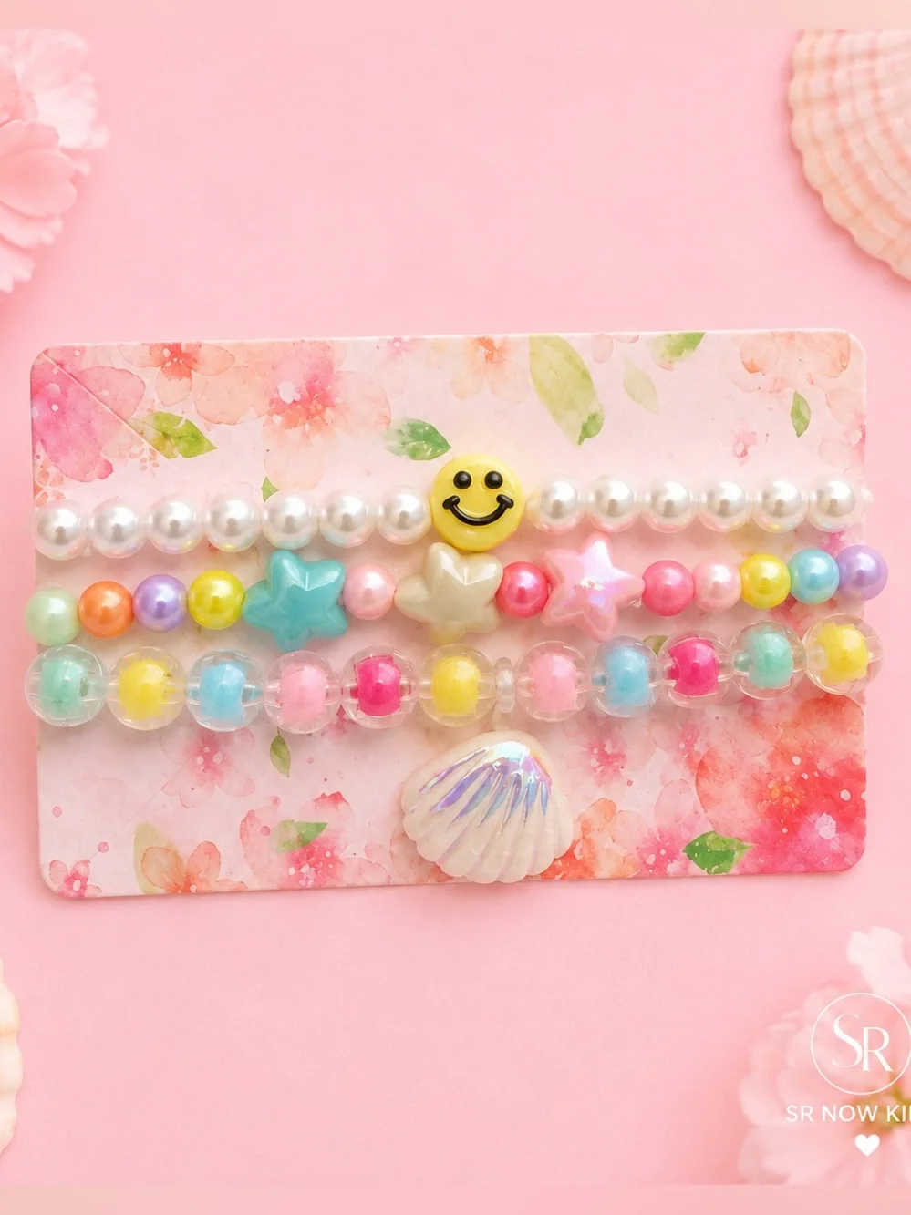 Mermaid Bracelet Set for Girls | Smiley Face & Shell Charm Stackable NEW